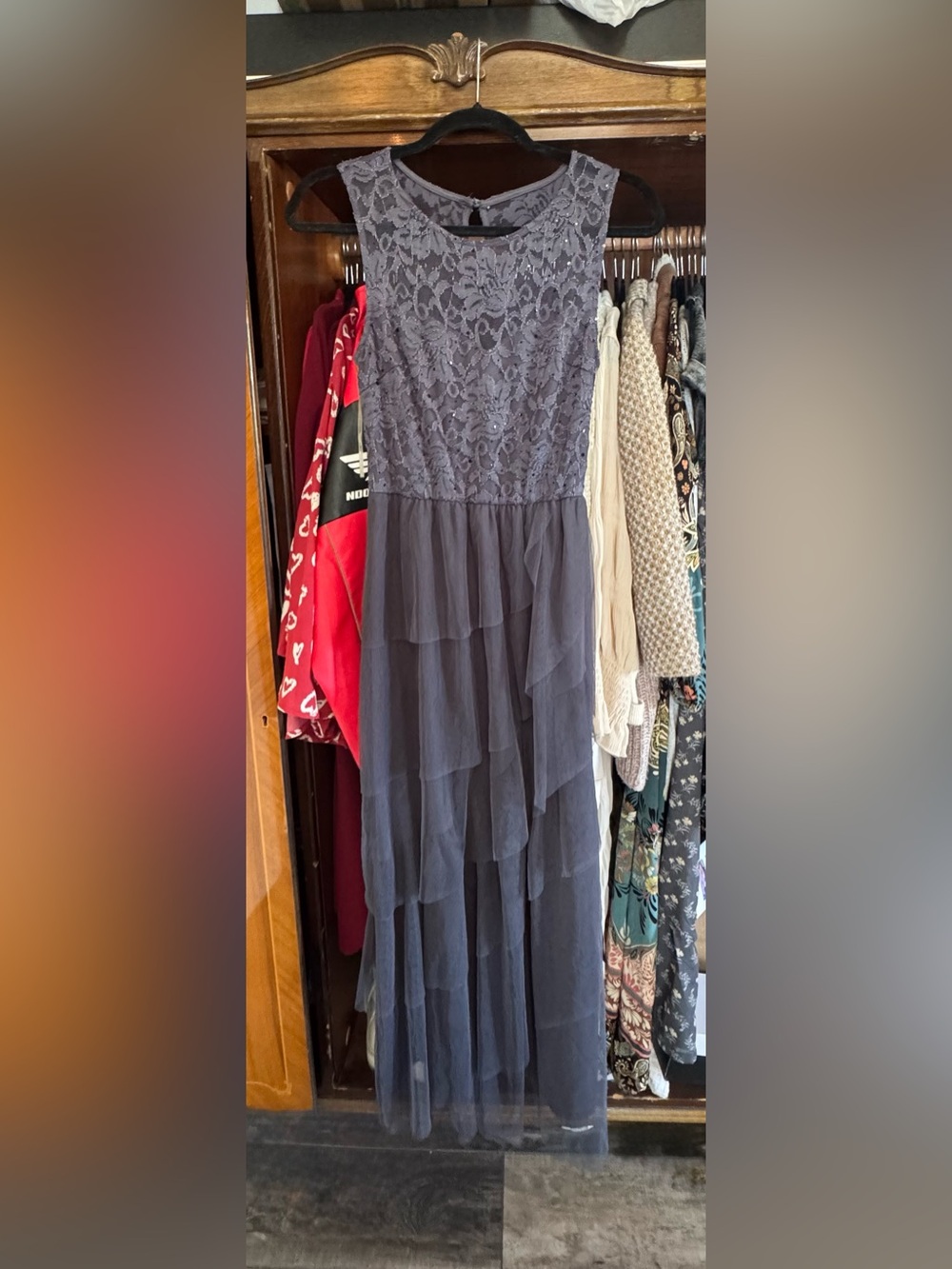 Sleeveless Lace Bodice Tiered Maxi Dress in Charcoal